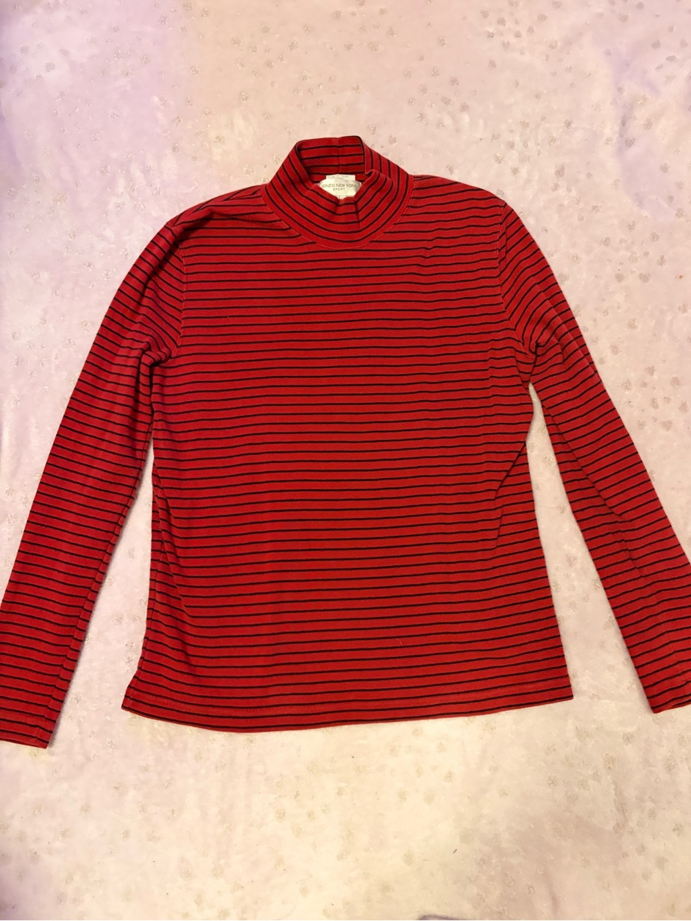 Jones New York Red and Black Striped Mock Neck Long Sleeve Top